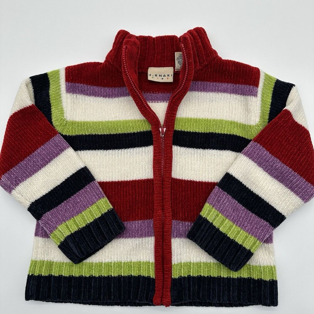 VTG J. Khaki Kids Striped Chenille Zip Sweater Size 4 Kidcore Y2K Rainbow Knit